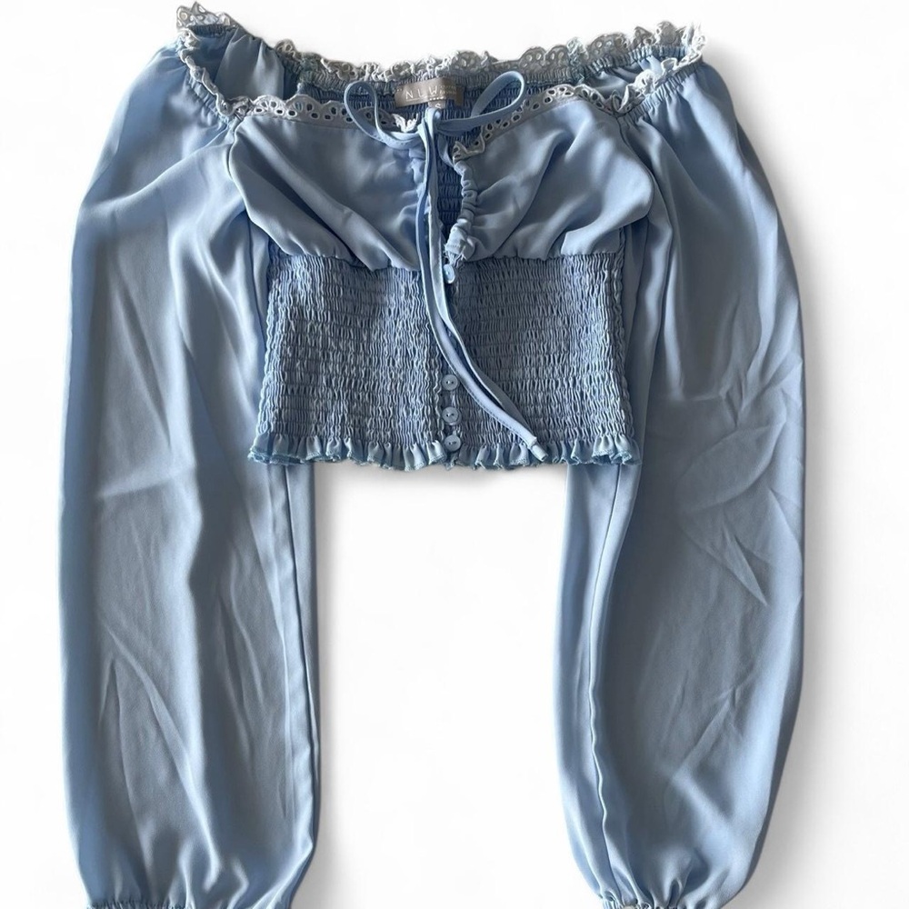 Blue long sleeve eyelet Crop Top